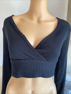 wild fable Black Ribbed V-Neck Wrap Crop Top